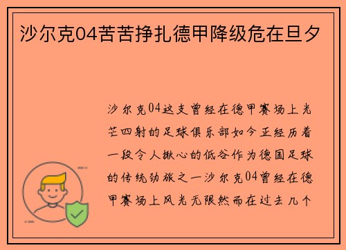 沙尔克04苦苦挣扎德甲降级危在旦夕