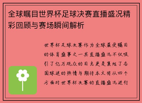 全球瞩目世界杯足球决赛直播盛况精彩回顾与赛场瞬间解析